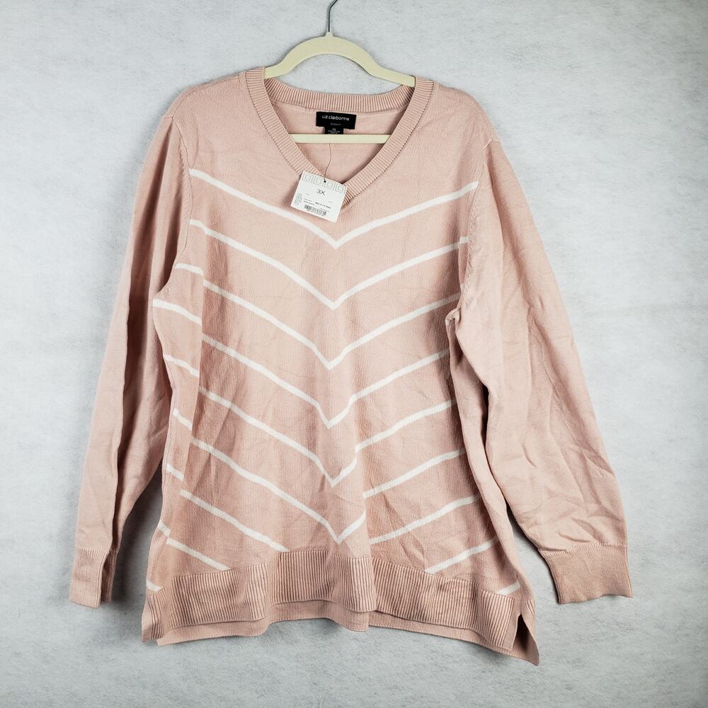 Liz Claiborne Women's 3X V-Neck Pullover Sweater Blush Pink White Chevron Stripe